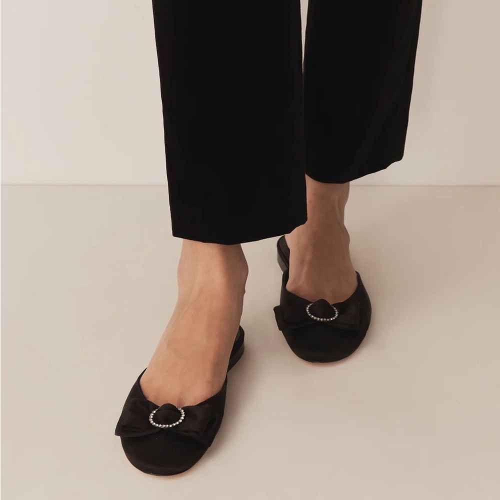 DOEN Tilly Satin Black Mules with Bow Detail | NEW in box